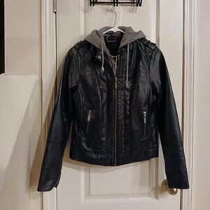 Y2K Bella Swan Black Vegan Leather Faux Fur Lined Moto Jacket Removable Hoodie S